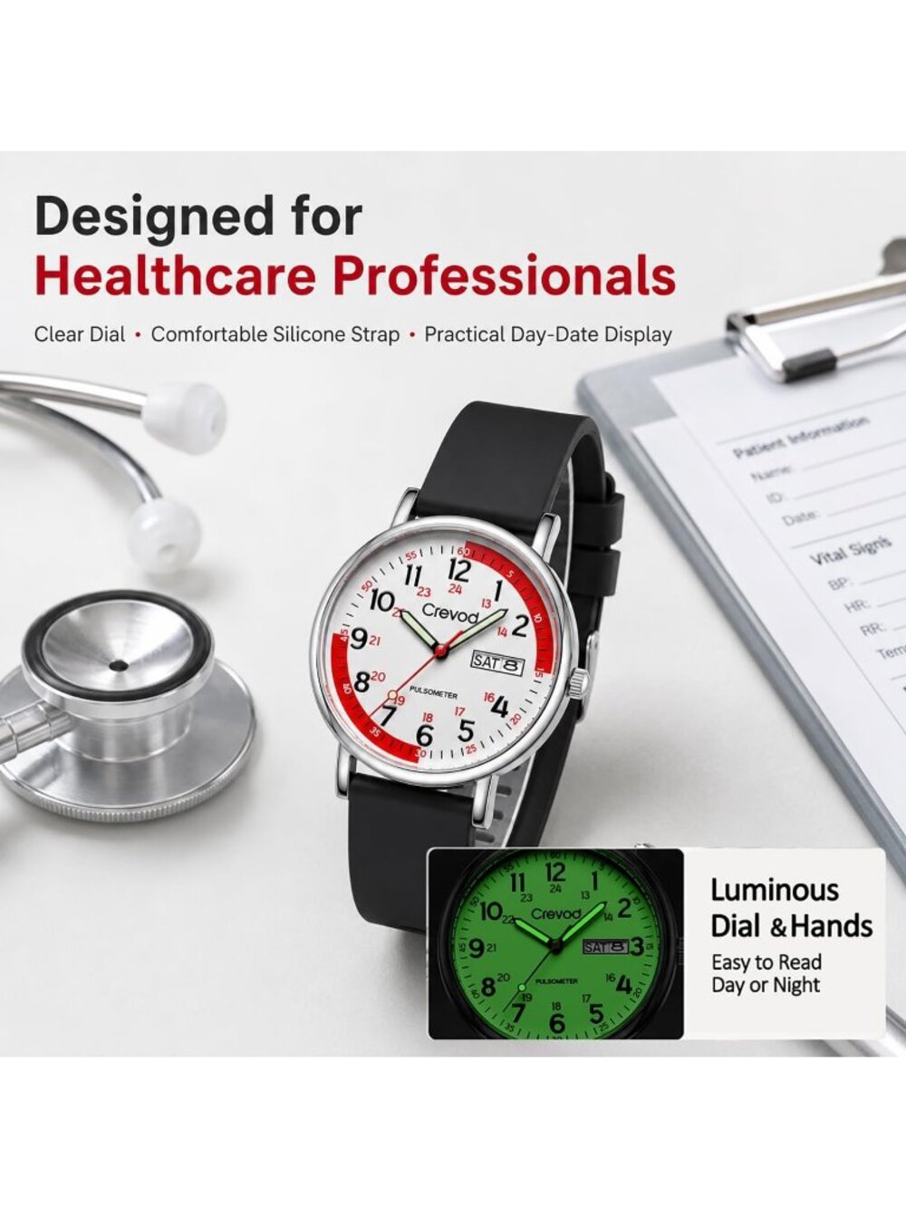 Unisex Silver-Red Face-Black Waterproof Military Time Easy to Read Dial Watches - Picture 2 of 7